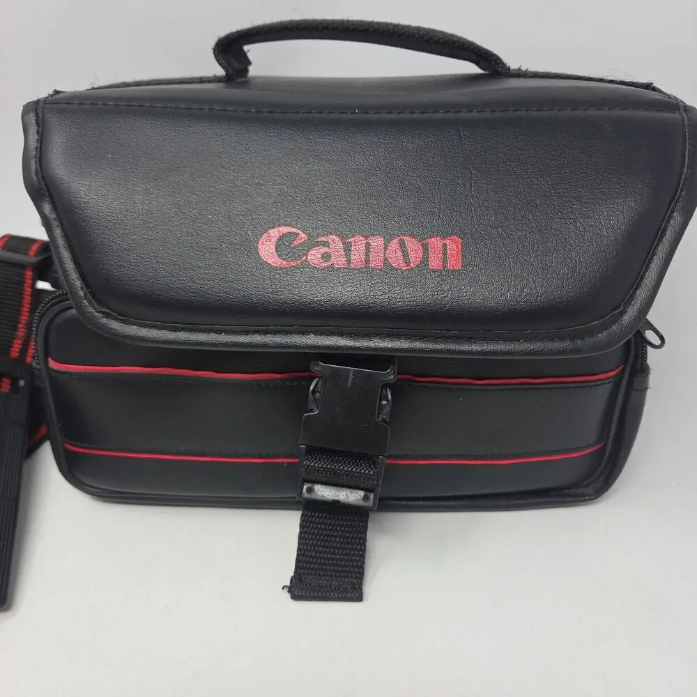 Vintage Official CANON Leather Case Black Red w/ Shoulder Strap 80s Footed